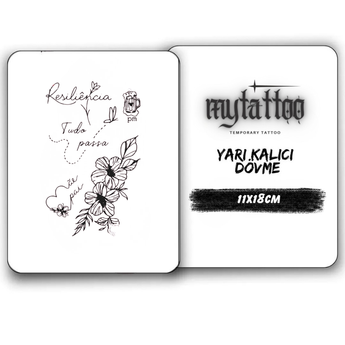 5'li Çiçek ve Yazı Figürlü Orta Boy Yarı Kalıcı Dövme-MY88 MyTattoo