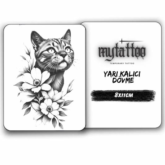 Kedi&Çiçek Figürlü Küçük Boy Yarı Kalıcı Dövme MY223